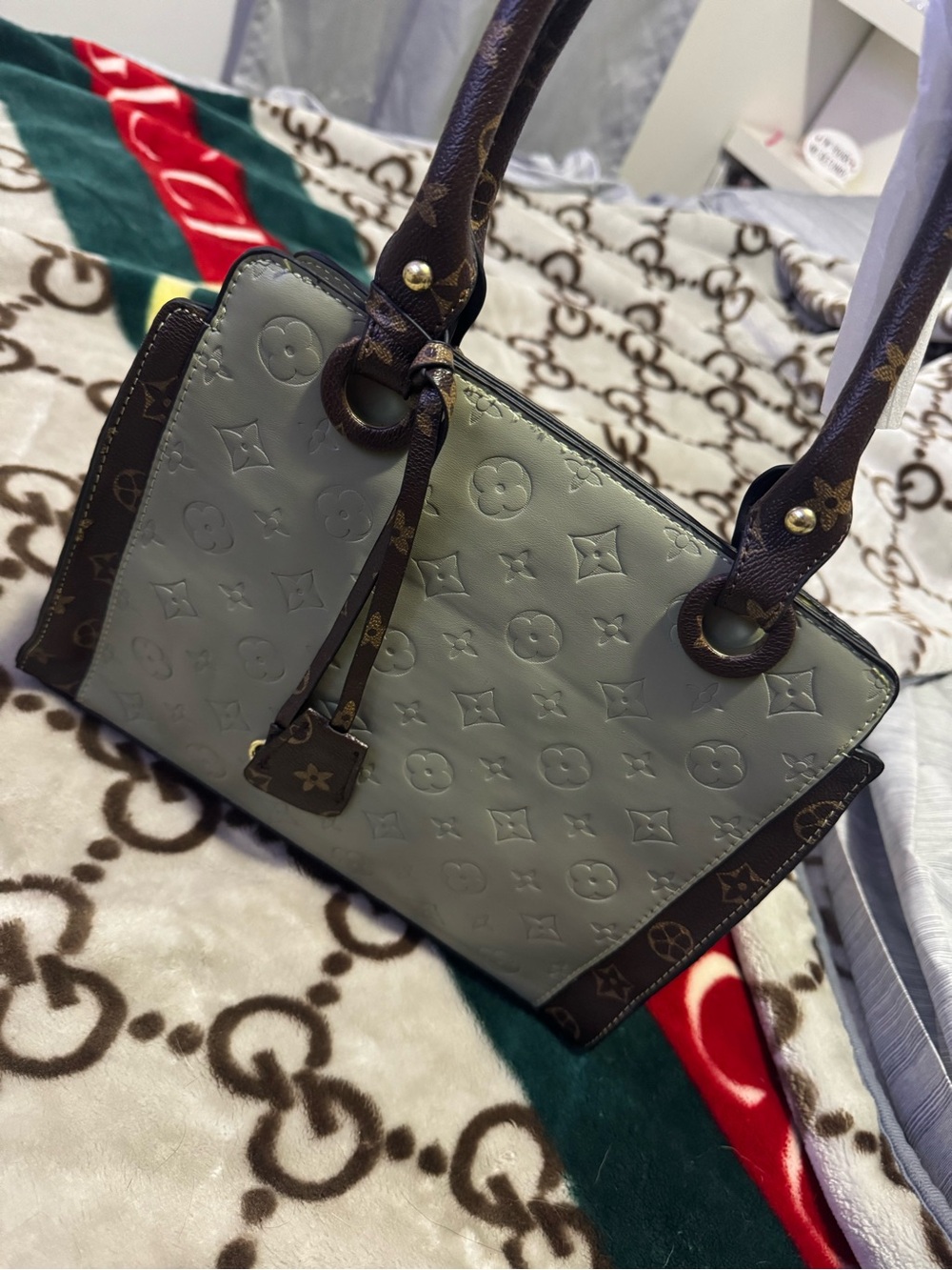 Embossed Greenish Shoulder Bag with Brown Trim